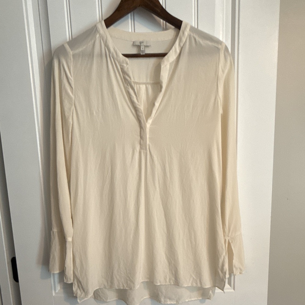 Joie Women's Ivory Solid Silk Satin V-Neck Long Sleeve Ruffle Blouse S